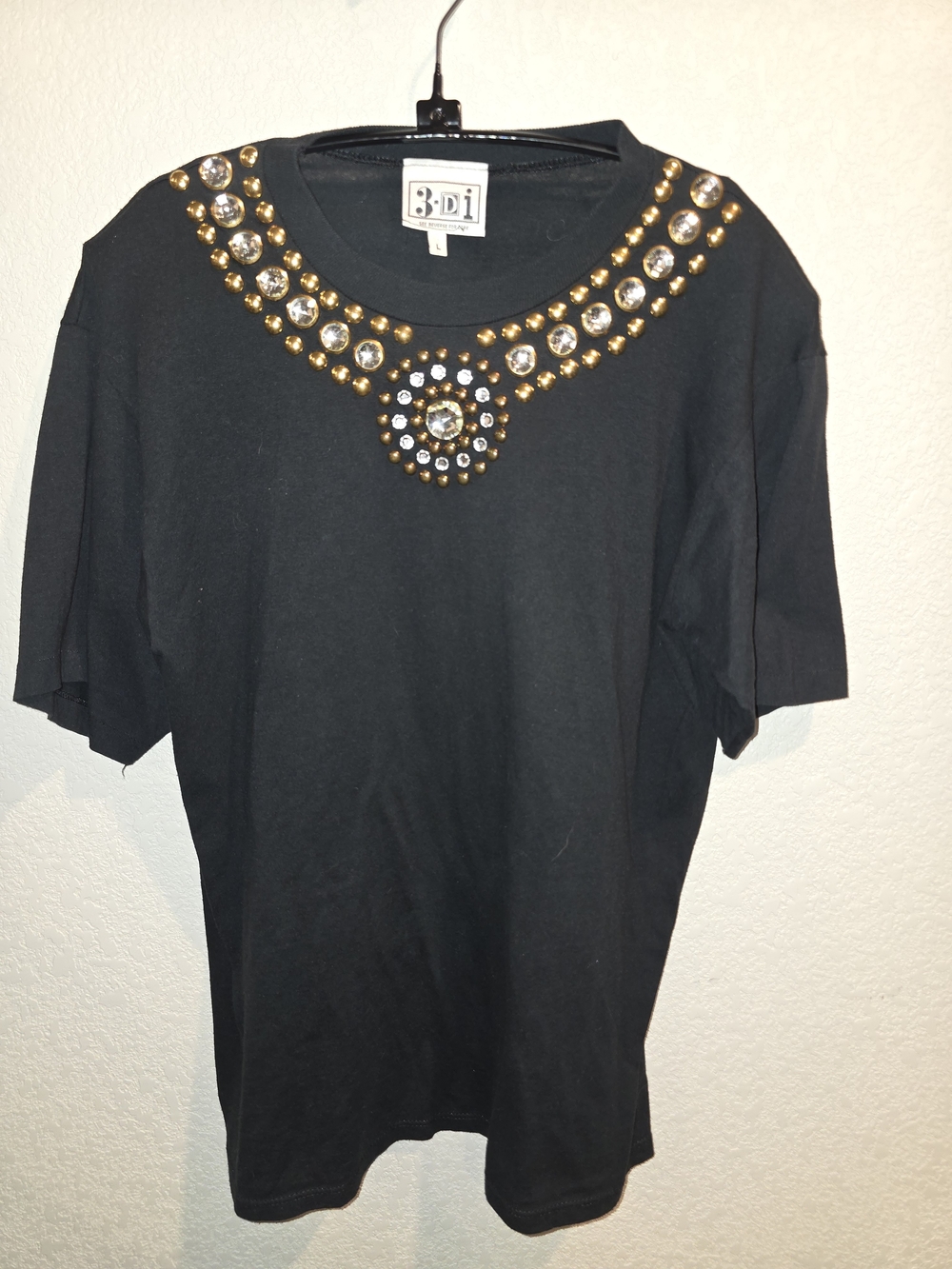 Vintage 3-D Images Studded & Rhinestone Black T-Shirt - Made in USA - Size Large